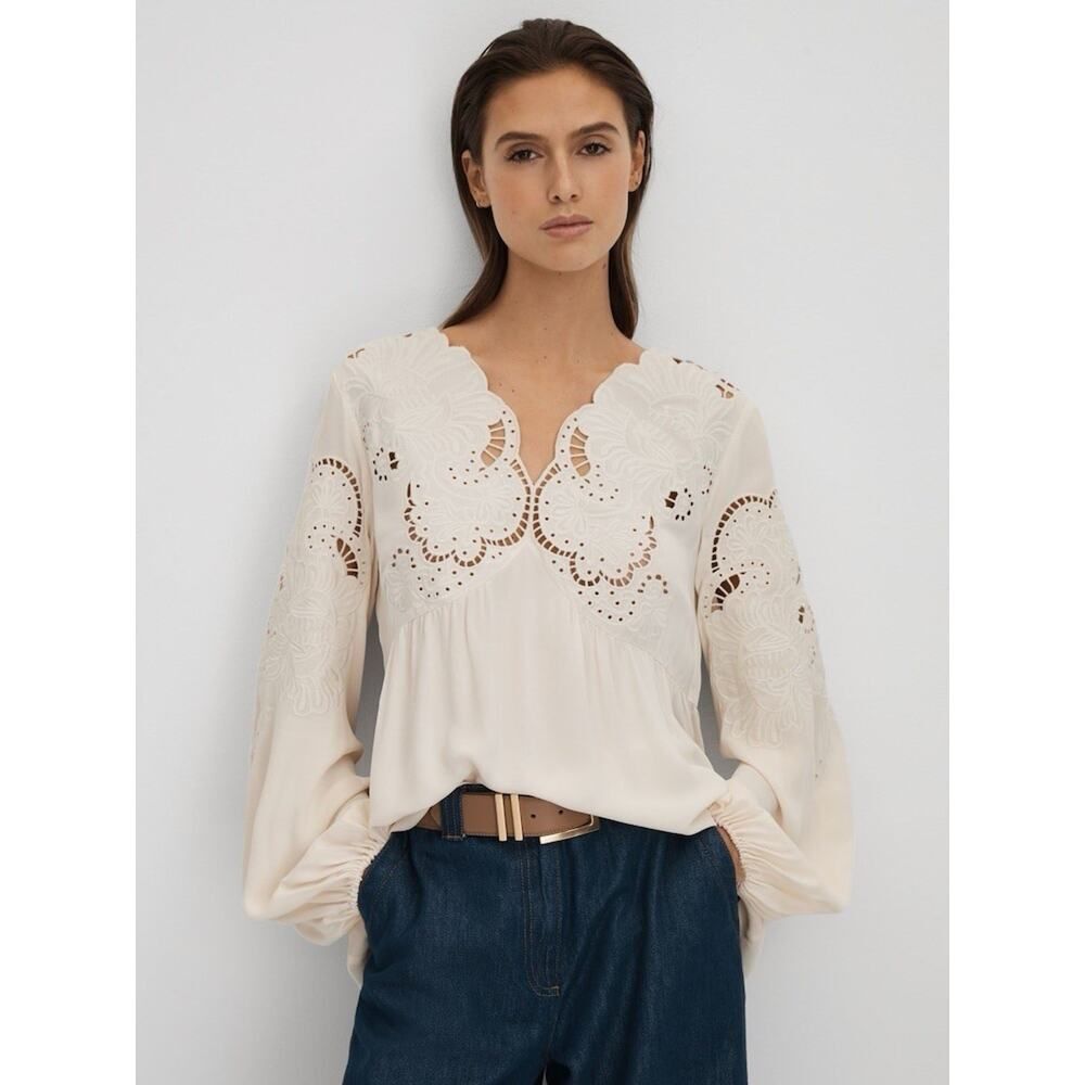 Reiss Noa Lace Cut Out Blouse US 10 Cream Embroidered Boho Top
